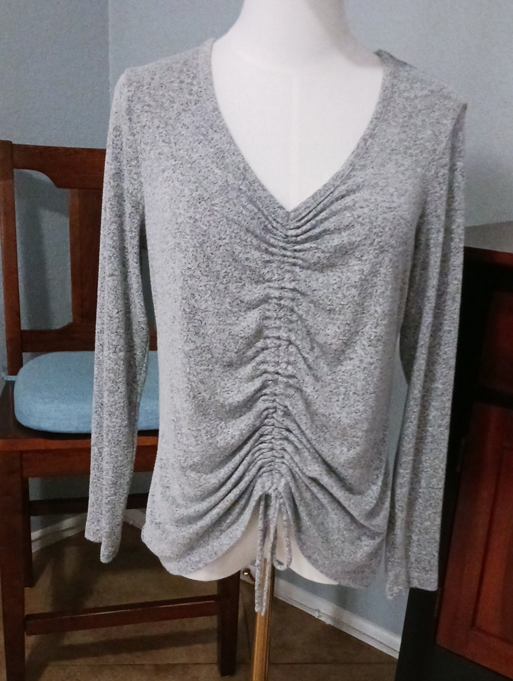 A New Day- Ruched V-Neck Long Sleeve Heather Gray Sweater
